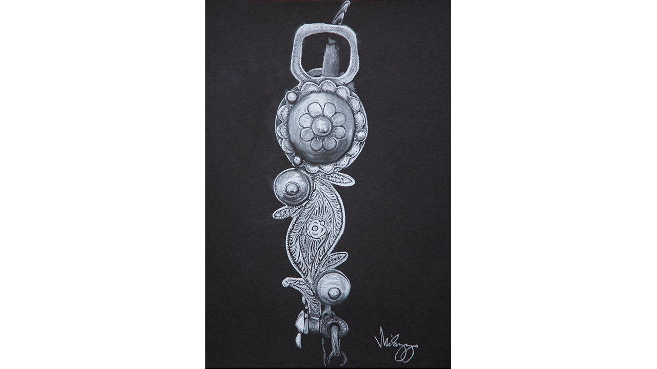 still life charcoal drawing dark background of a fancy bit