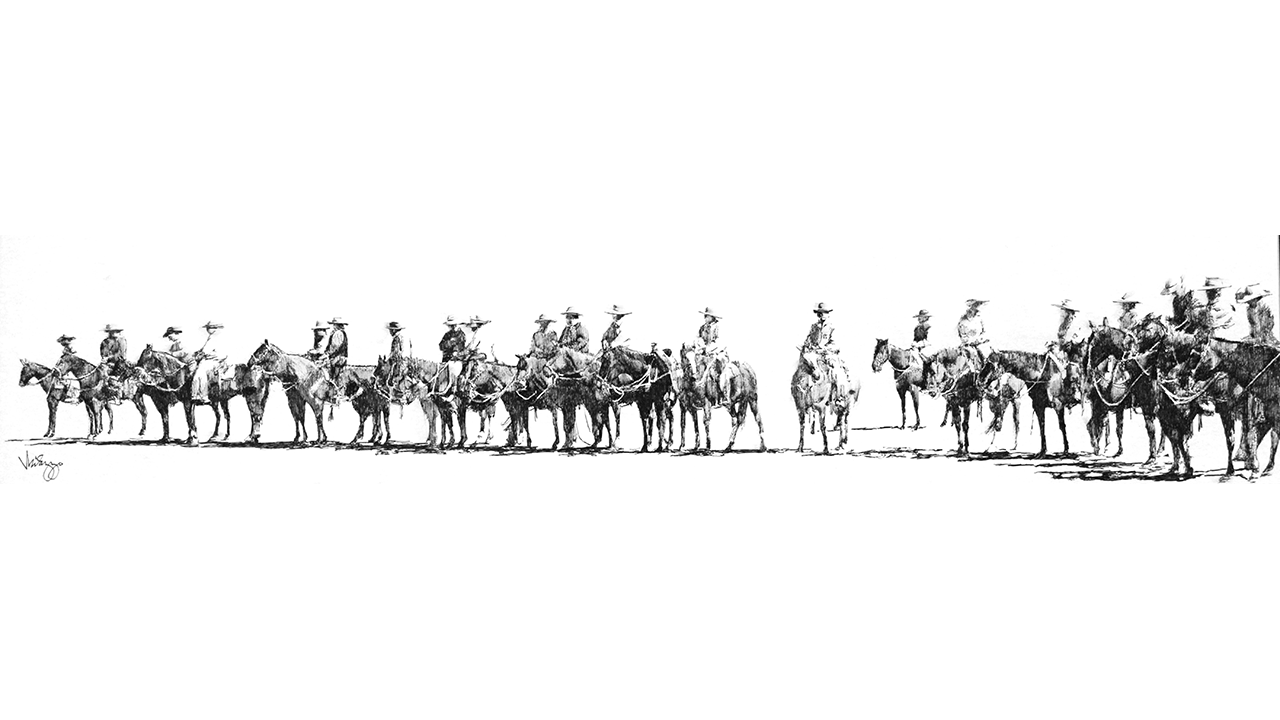 pen and ink drawing of a lineup of 22 cowboys on horseback