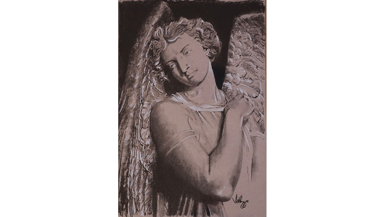 pastel drawing of Angel Gabriel sculpture