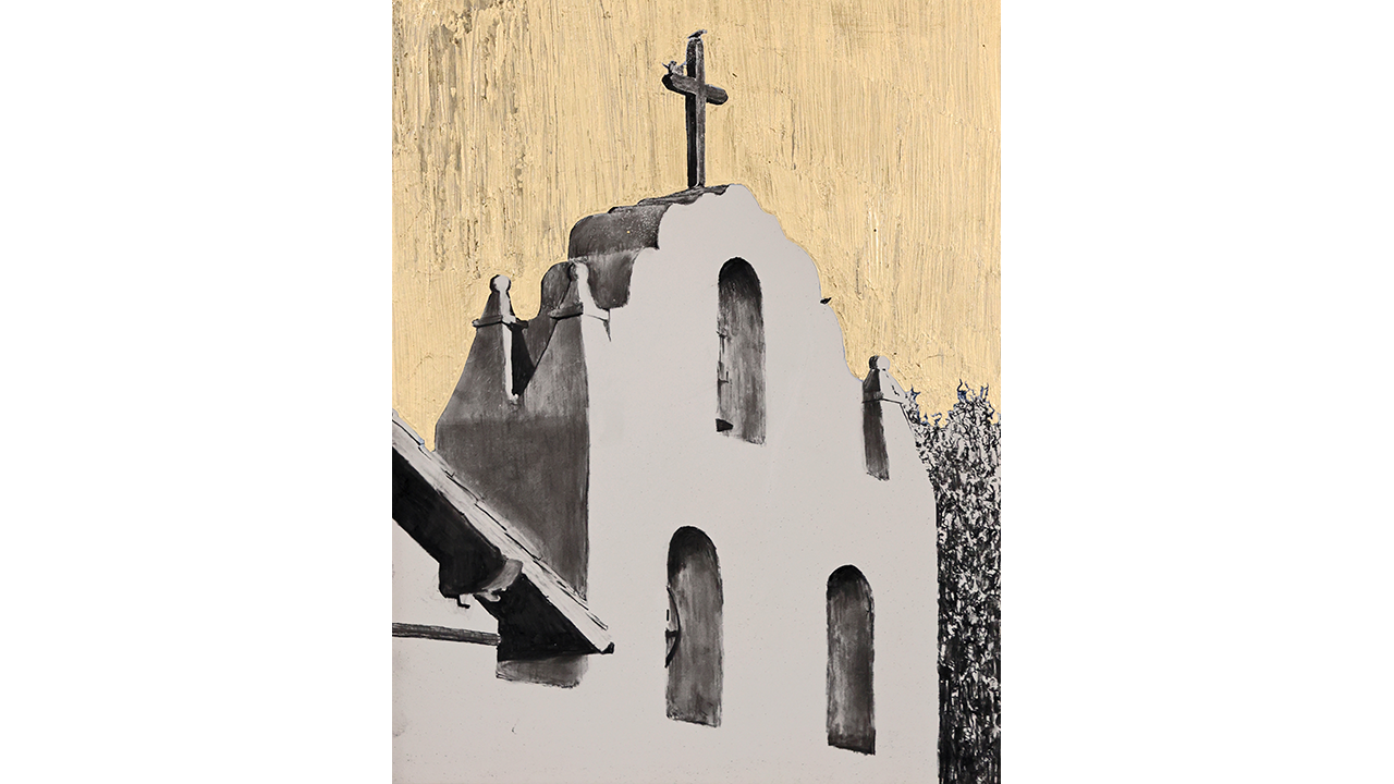 mixed media artwork of bell tower at Mission Santa Ynez