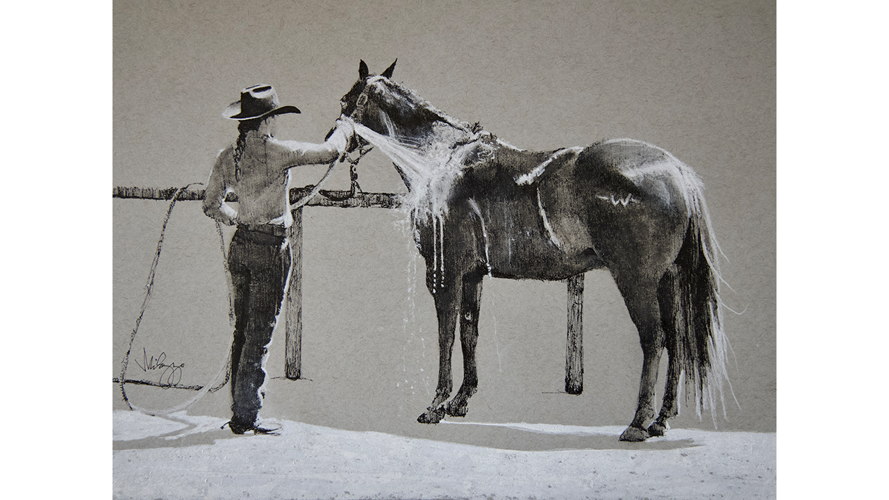 cowgirl hosing down her horse