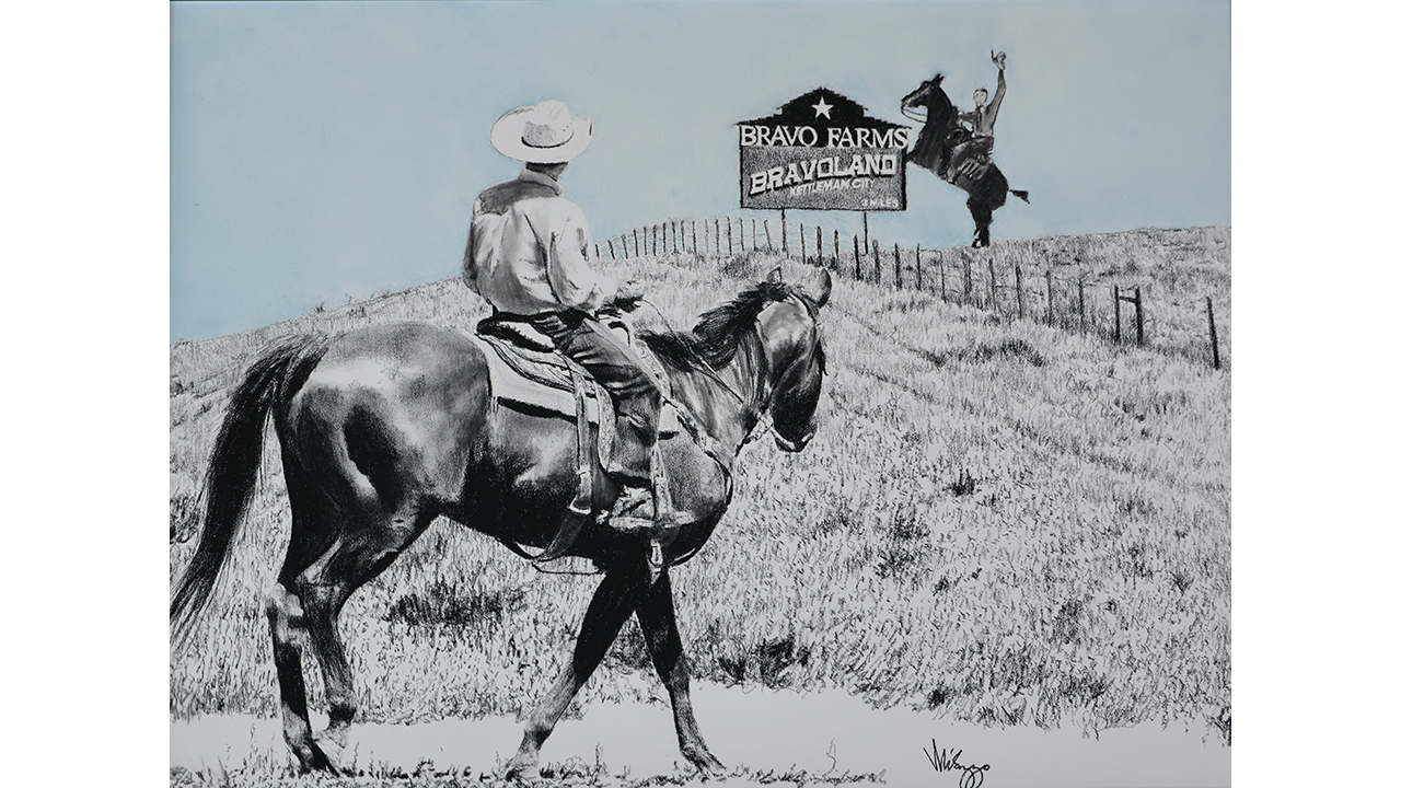cowboy on horseback looking at Bravo Farms signage on hillside