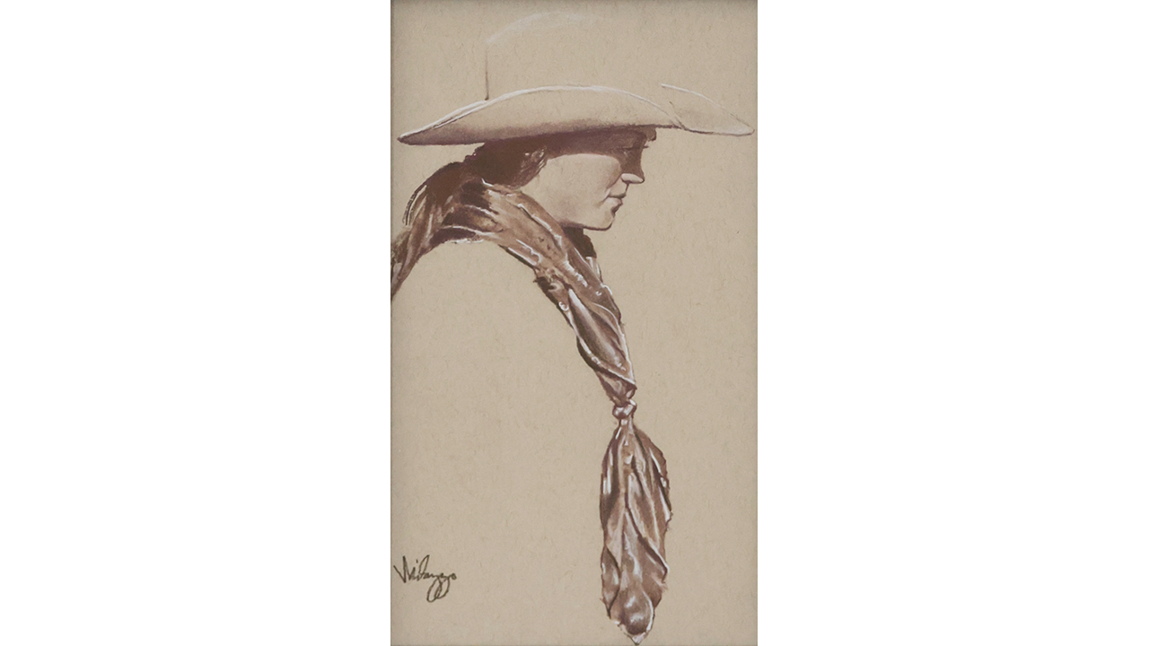 conte drawing in brown hues of cowgirl profile with long scarf