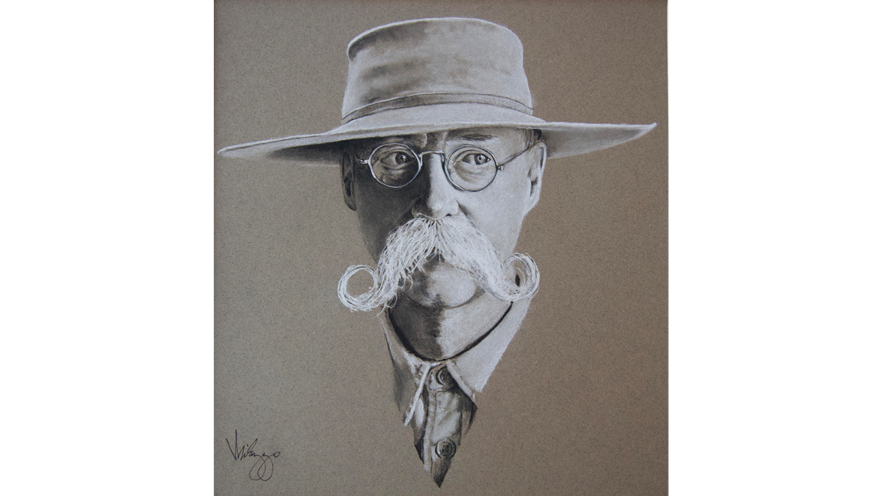 portrait of man with flat brimmed hat, spectacles, and handlebar mustache