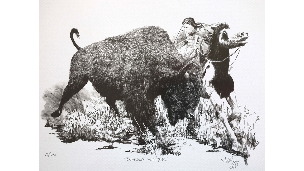 Native American plains hunter on horseback hunting bison