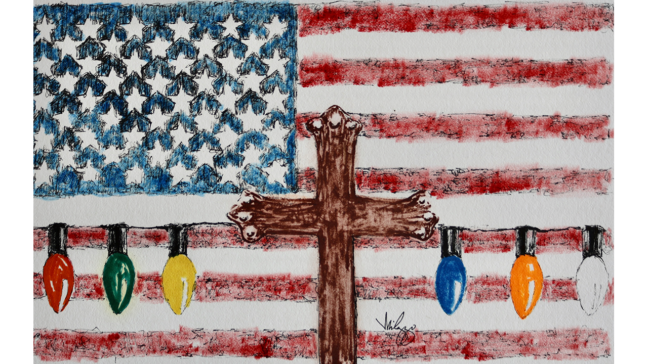 American flag backdrop with carved wooden cross and Christmas light bulbs