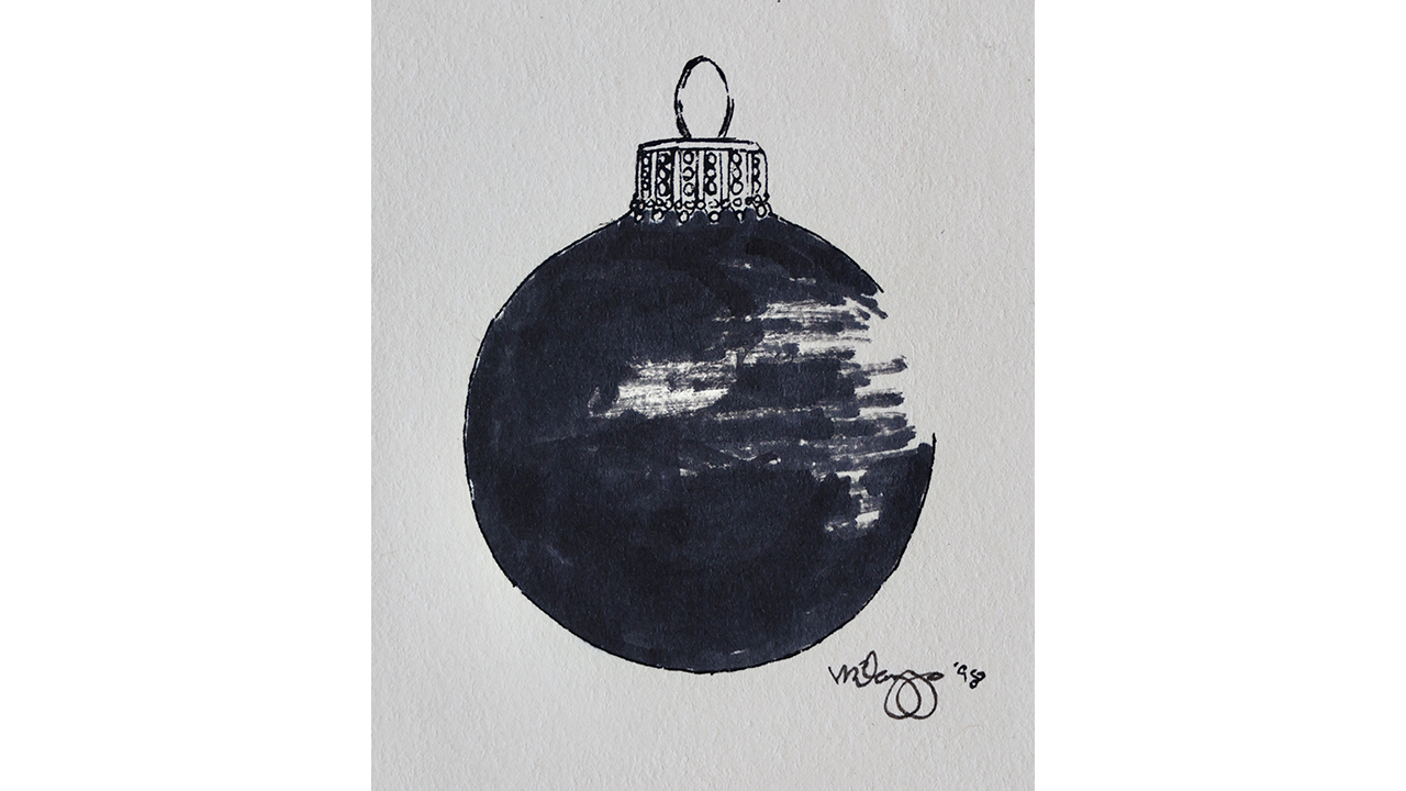 pen and ink drawing of a classic Christmas bulb ornament