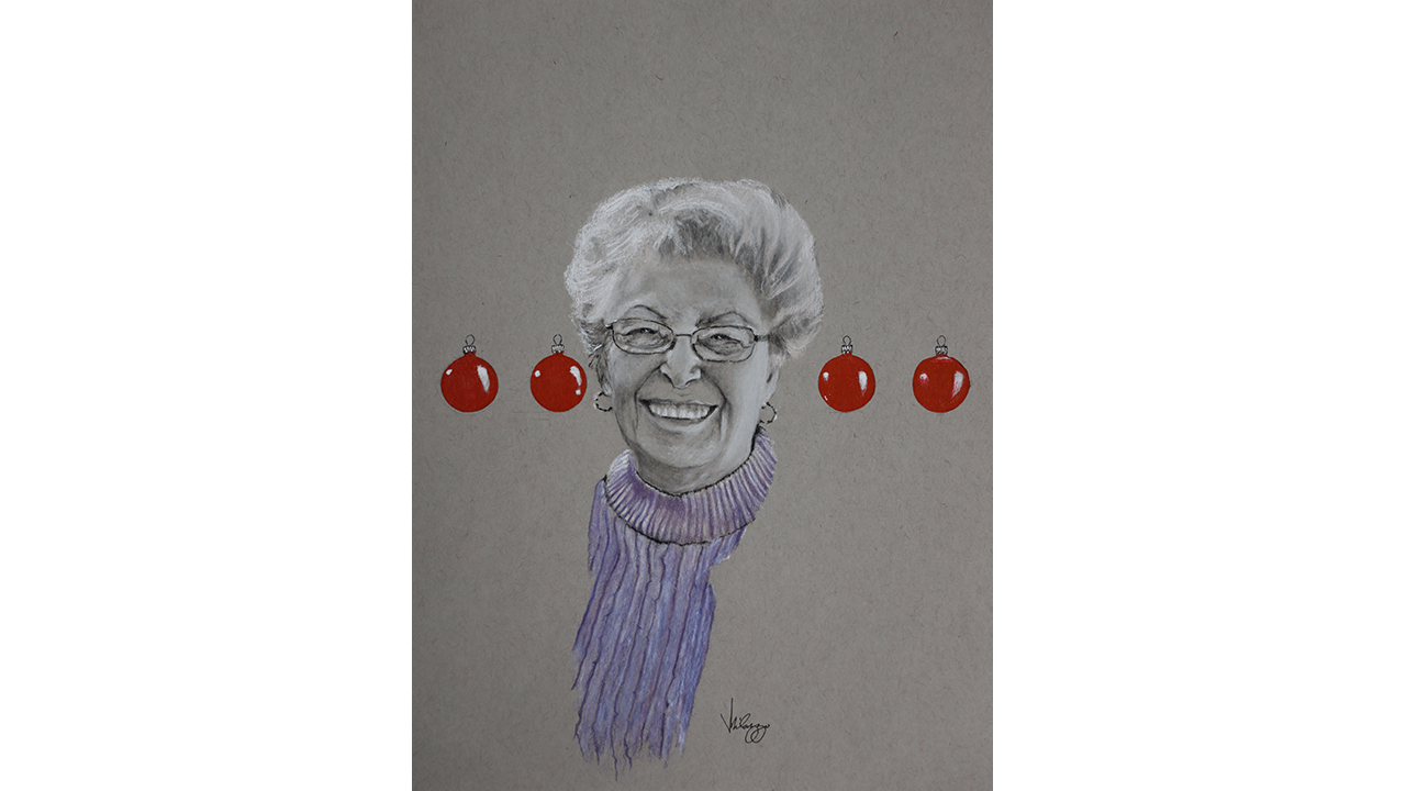 portrait of a woman with lavender scarf and red Christmas ornaments