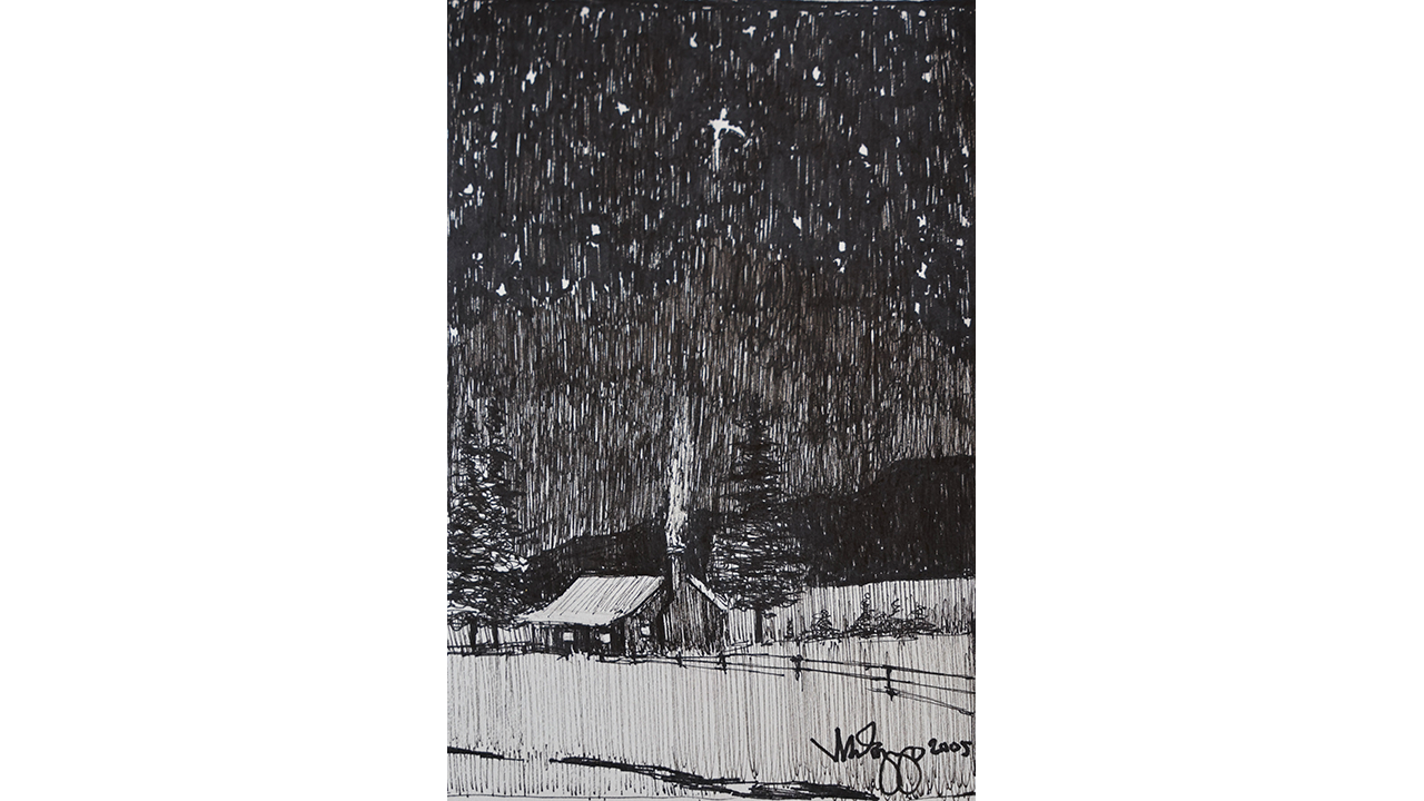 drawing of starry night sky over a rangeland cabin
