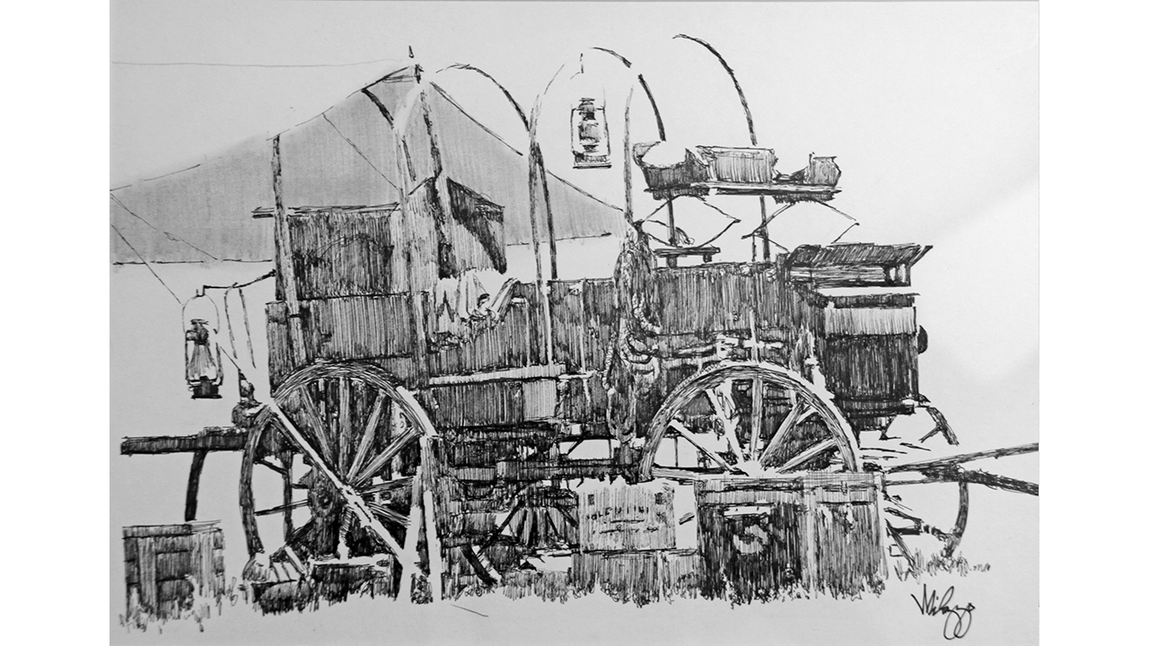 ink drawing of a chuck wagon