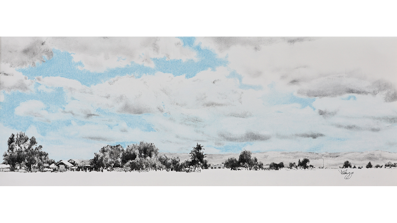 distant vista with trees and picturesque cloudy blue sky