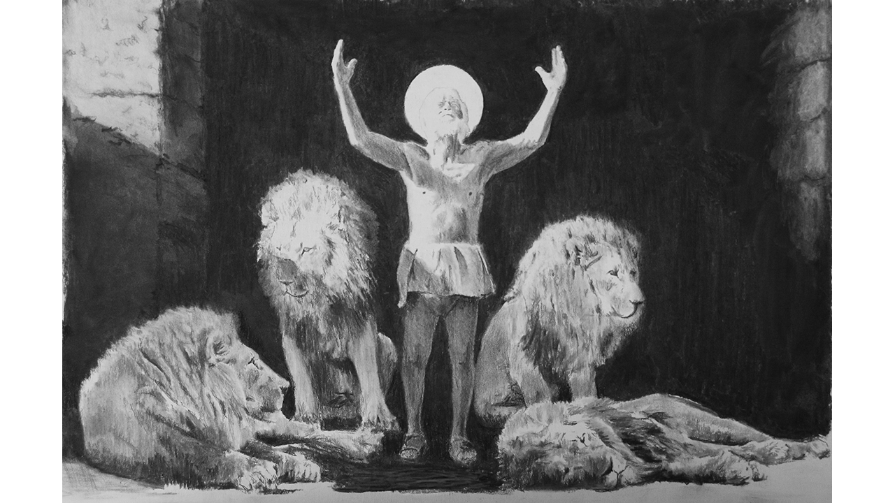 Daniel with halo and arms outstretched to Heaven, surrounded by four lions