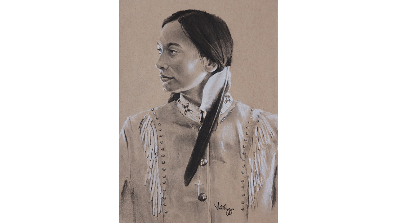 Native American woman's portrait with eagle feather in hair
