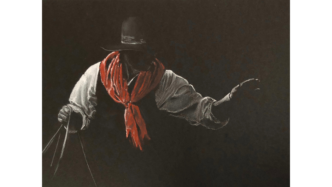 dark background, dramatically lit vaquero holding out hand to unseen animal