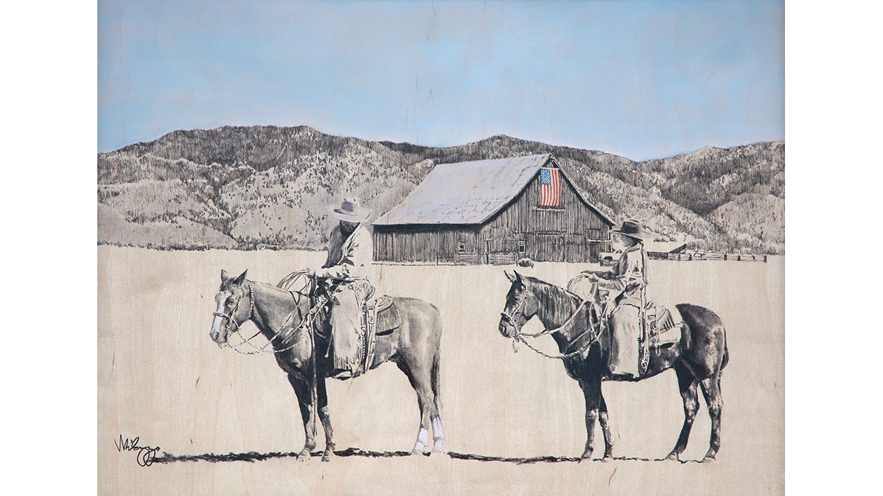 man and daughter on horseback, barn in background with colorful American flag, blue sky