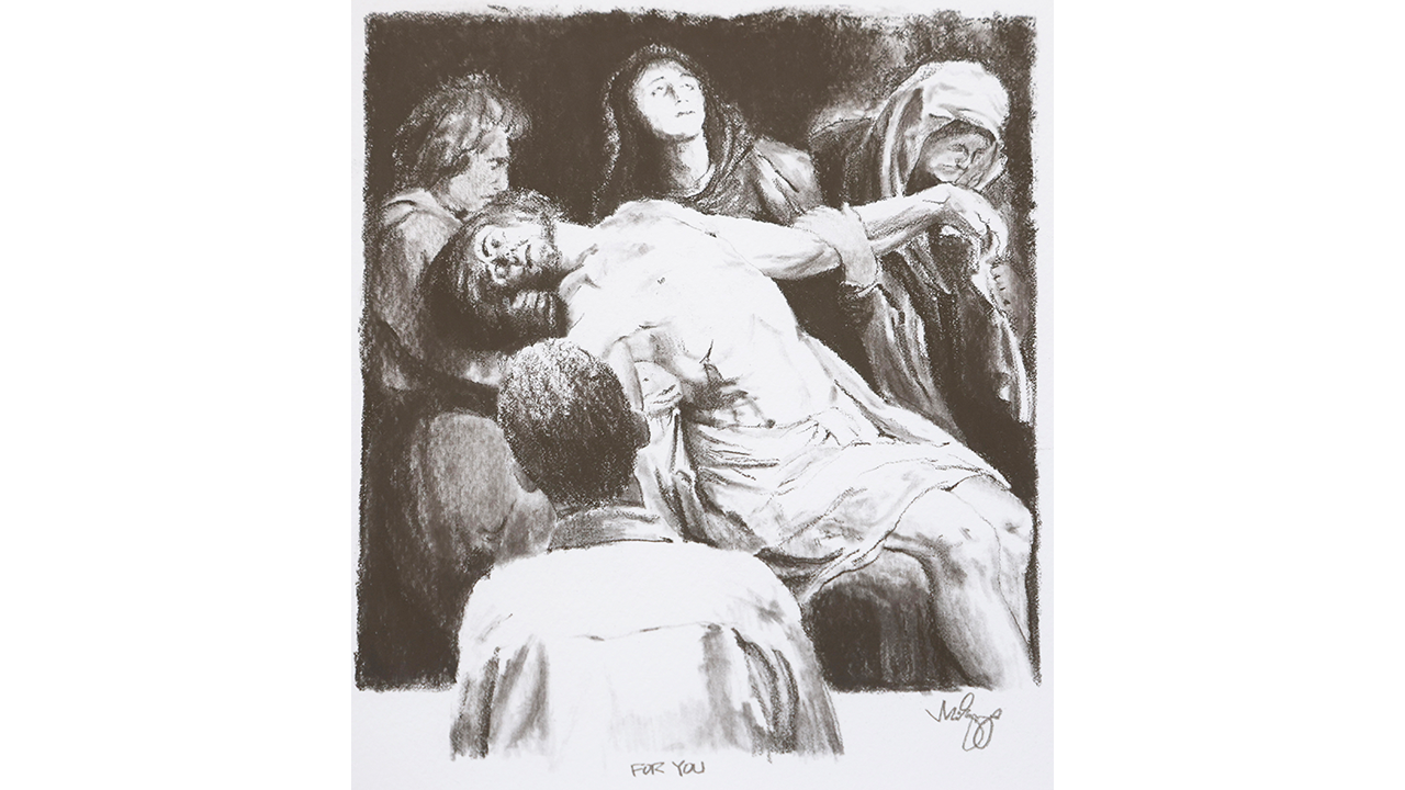 back of man in gallery looking at artwork of Christ after crucifixion