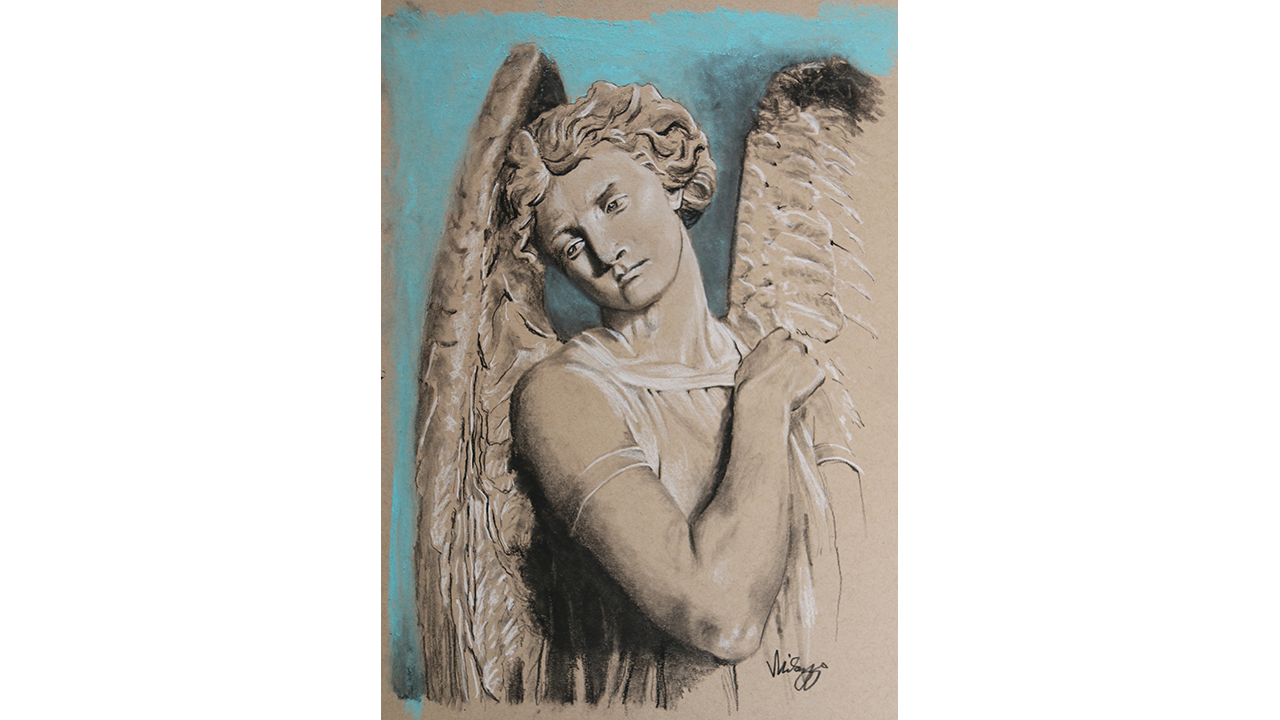 drawing of angel Gabriel sculpture with turqouise background