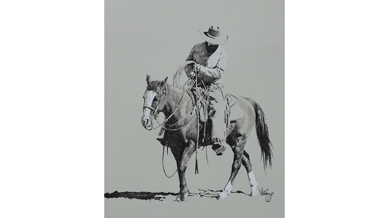 cowboy on horseback checking out gear