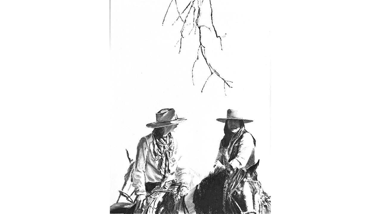 minimalist drawing of two women talking on horseback with tree branch overhead