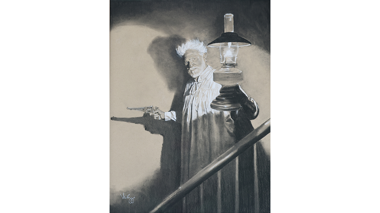 dramatically lit older man descending staircase with lantern and pistol drawn
