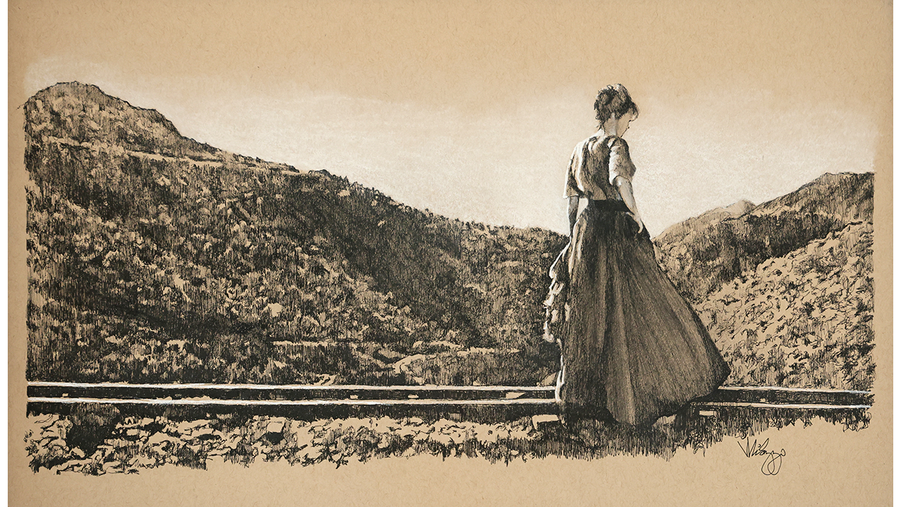solitary woman in country hills alongside railroad track