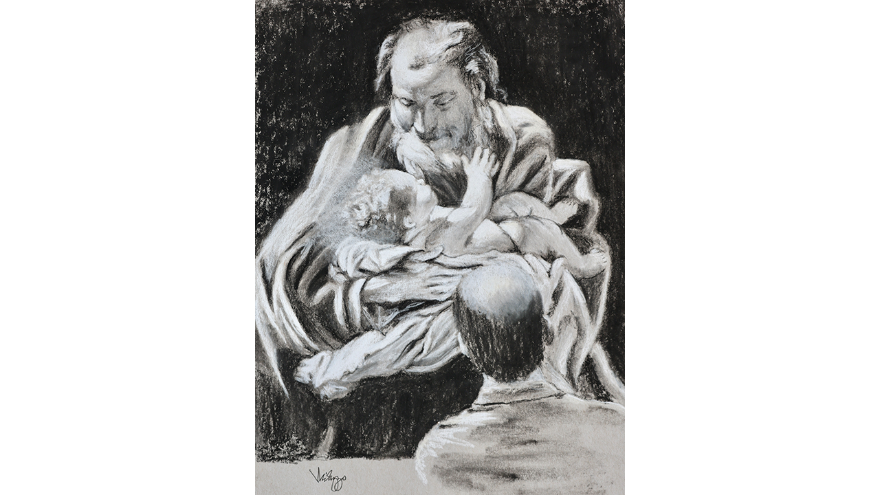 drawing of Jesus and Joseph as viewed from a gallery onlooker