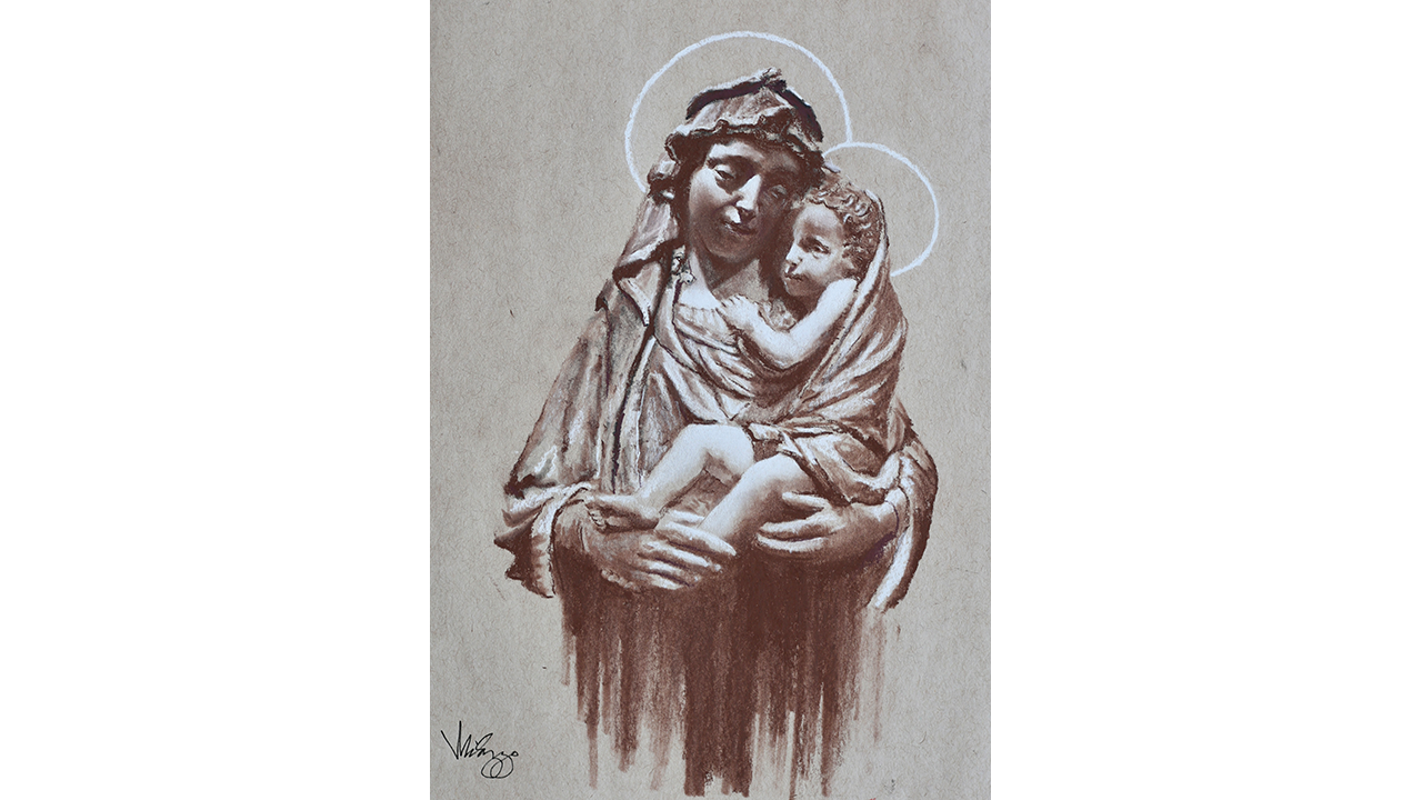 Mary holding baby Jesus with halos