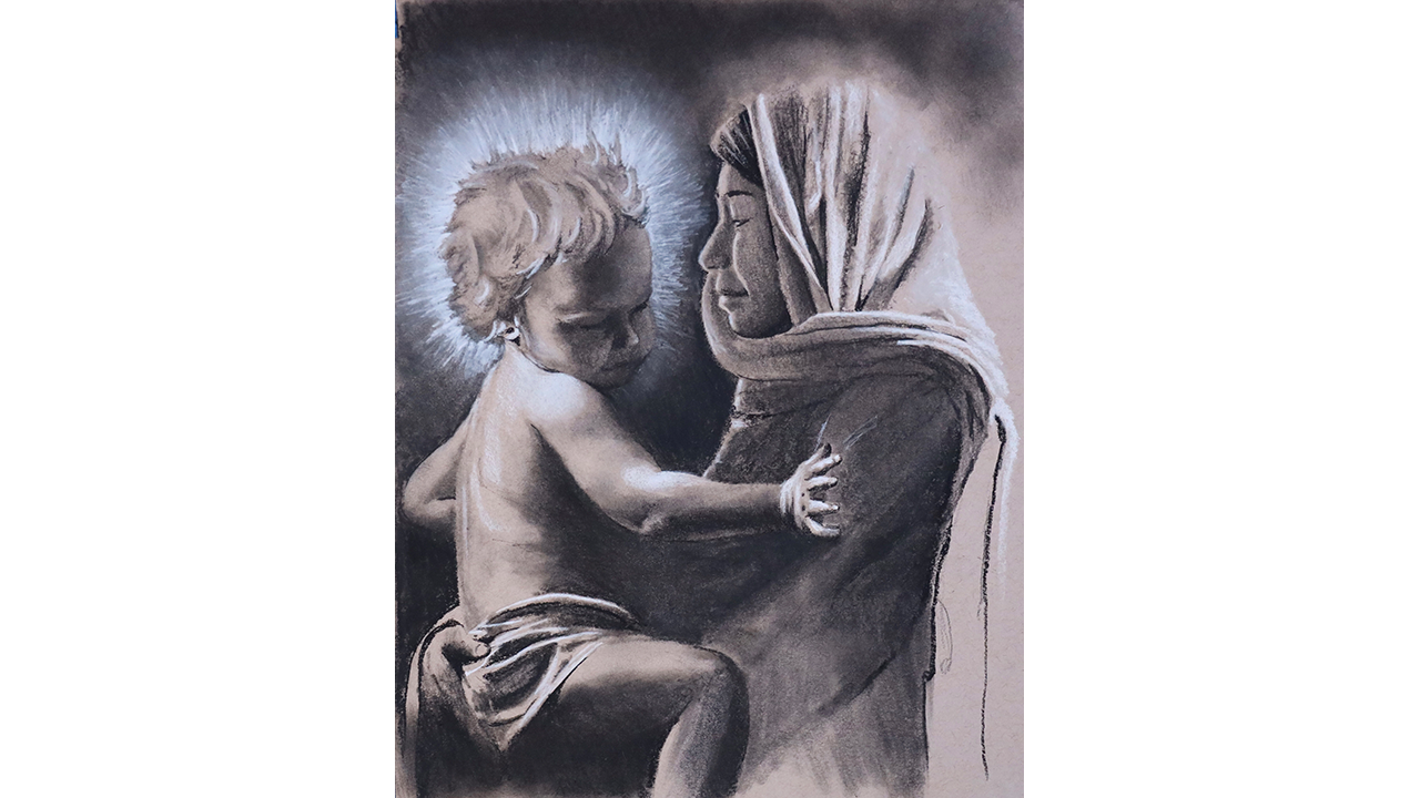 child Jesus with dramatic hair and halo, held by backlit Mary