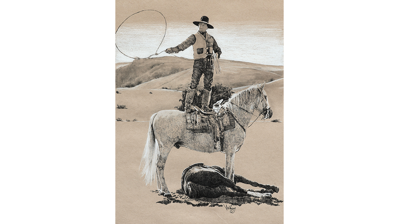 vaquero Ramon Becerra standing atop his horse, while another horse plays dead