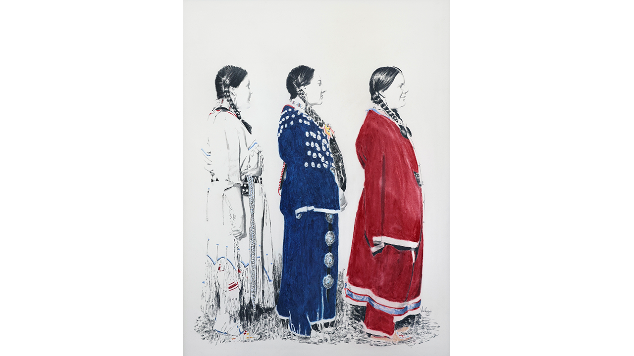 three Lakota girls in traditional clothing, white, blue, and red