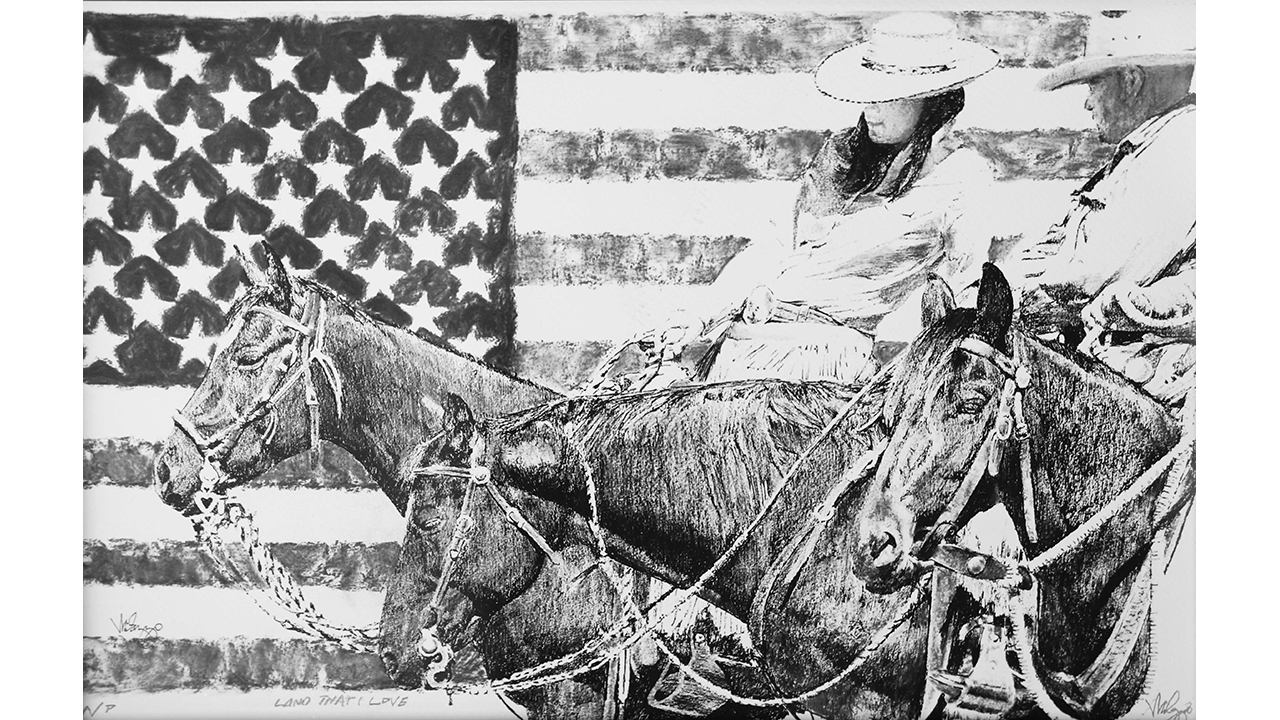 two riders in front of American flag backdrop. black and white
