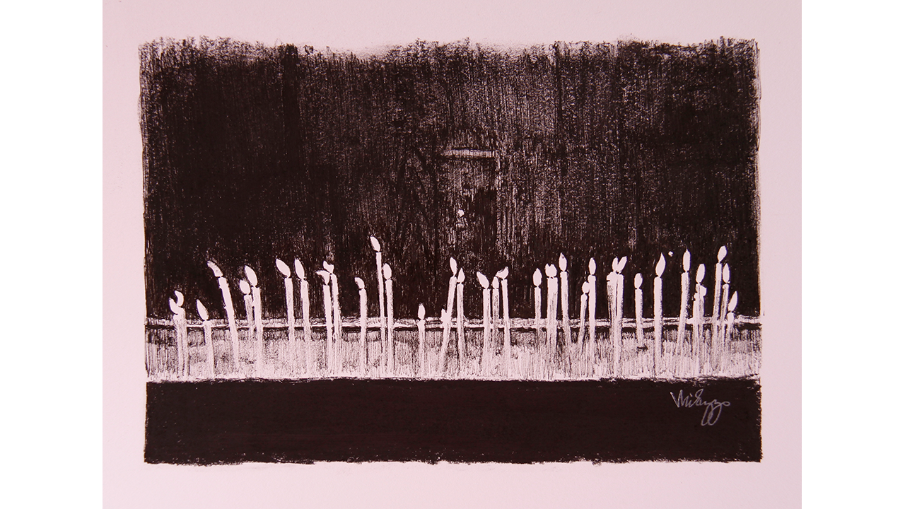 black and light pink. row of candles on dark background