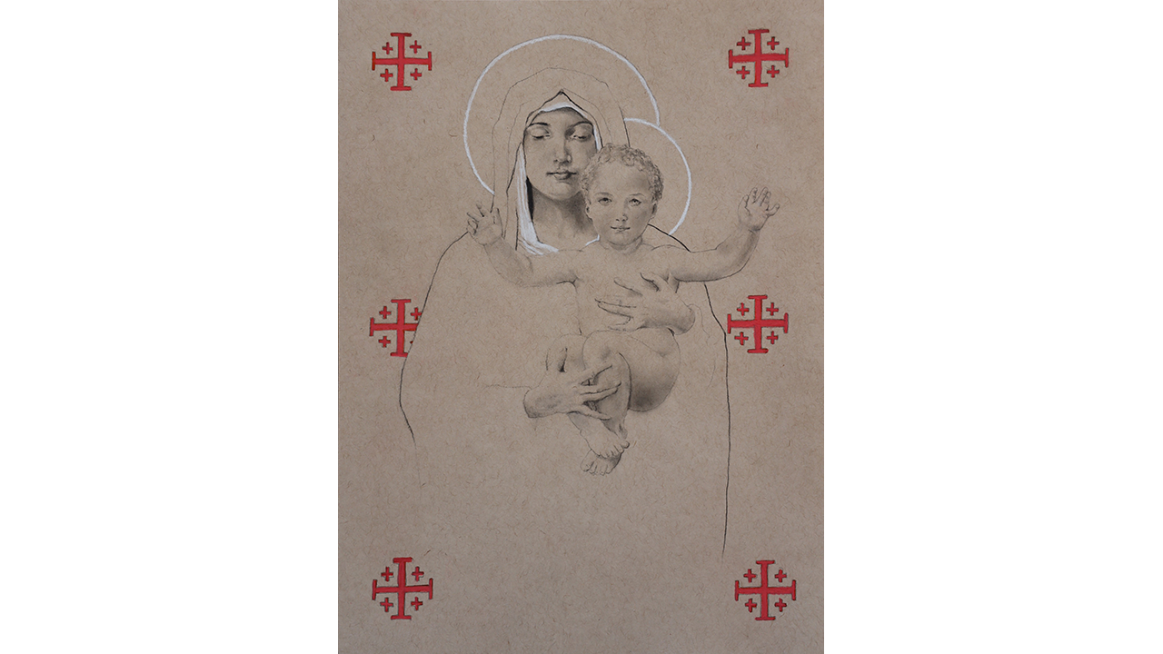 Madonn and Child illustration with halos, graphic crosses bordering