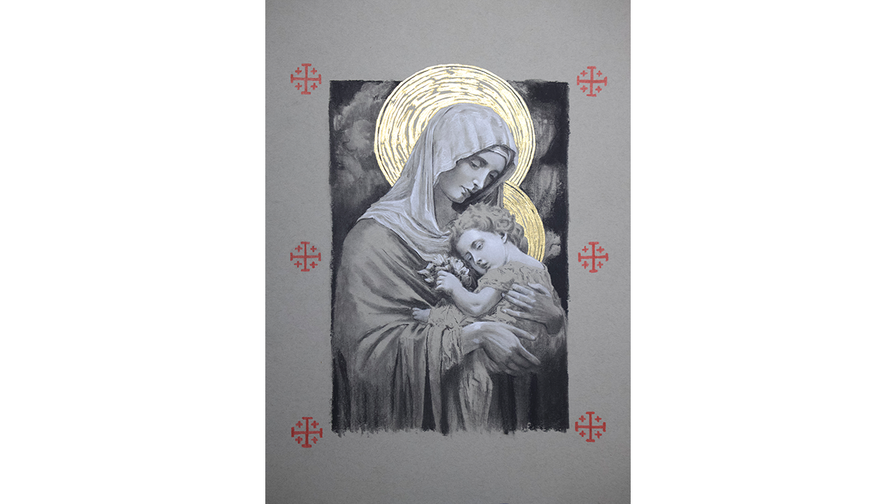 traditional Madonna and Child with gilded halos and graphic crosses bordering