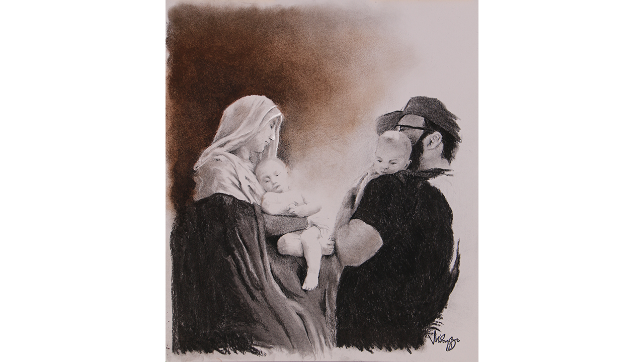 Madonna and child facing a contemporary man with his baby