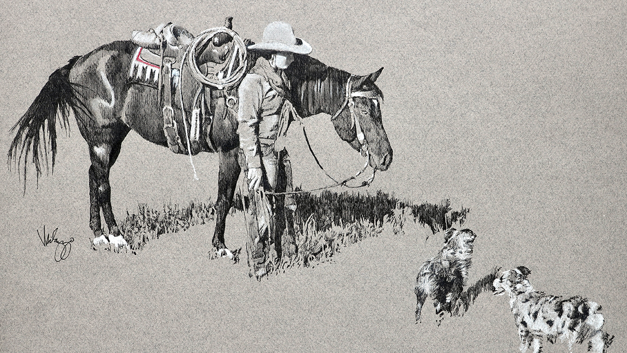 grayscale drawing of young cowboy, his horse, and two puppies
