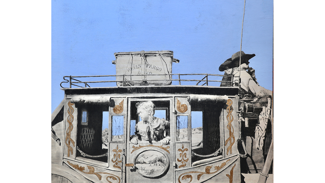 young girl looking out the window of a carriage carrying Wells Fargo case, two drivers, blue sky