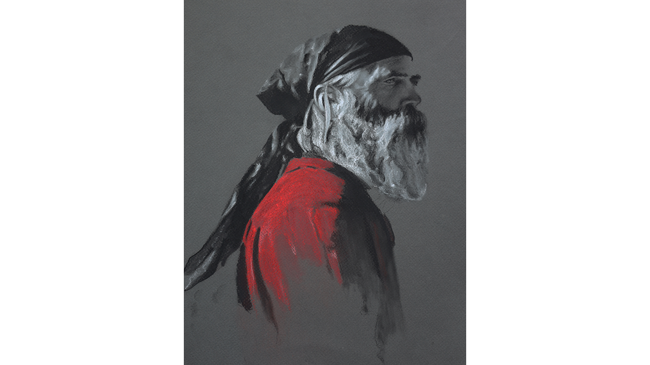 gray midtones, profile portrait of white-bearded man, red shirt, and black head scarf