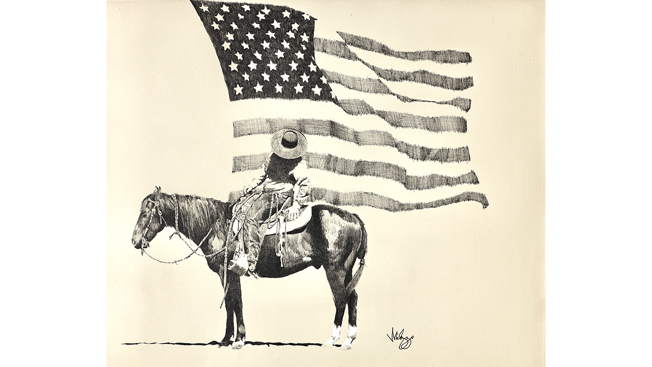 mounted cowboy with large blowing American flag