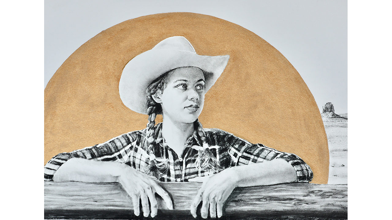portrait of cowgirl leaning on fence post, golden halo behind