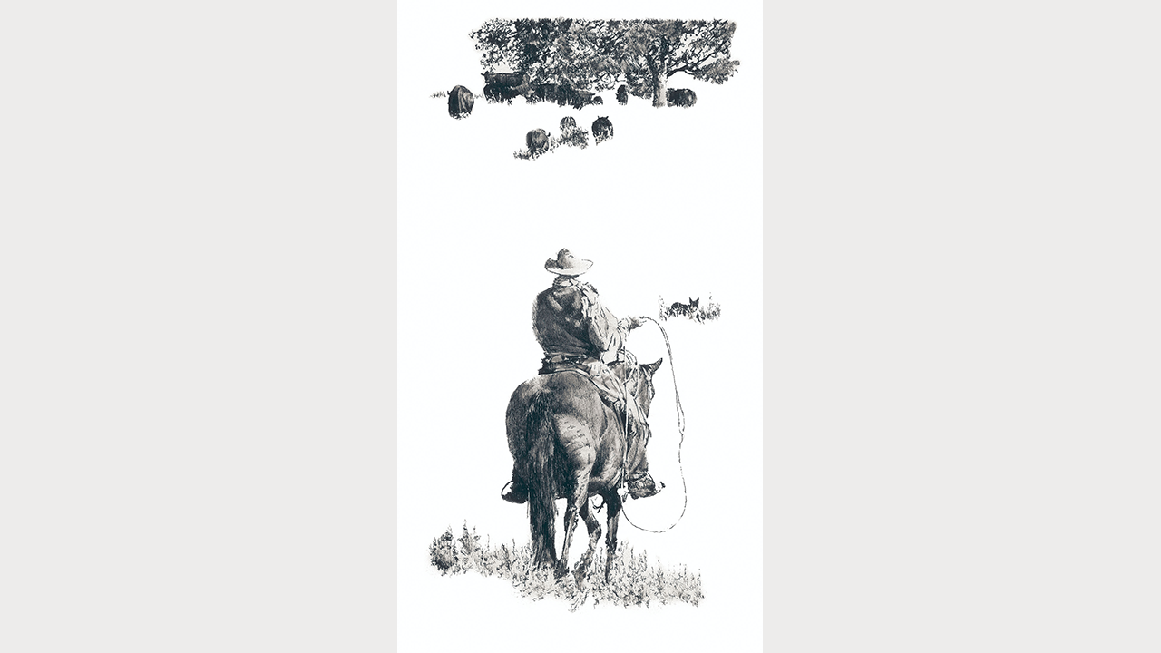 cowboy and horse looking out at grazing herd