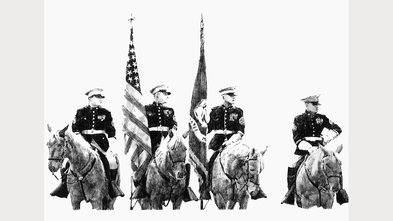 Marine Corps color guard on horseback