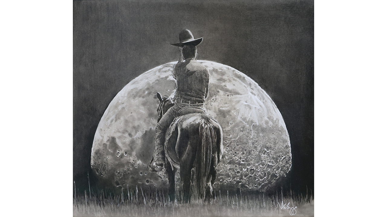 man on horseback tipping his hat to the large, rising moon