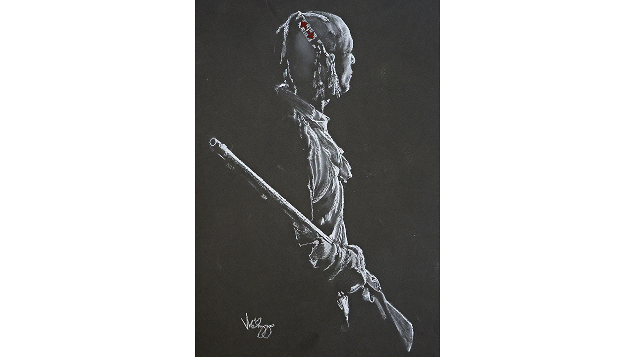 dark background, Native American warrior with rifle and feathers