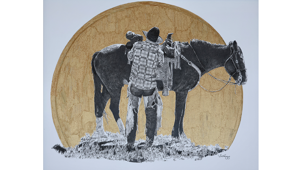 man saddling up his horse, golden circle/halo framing them