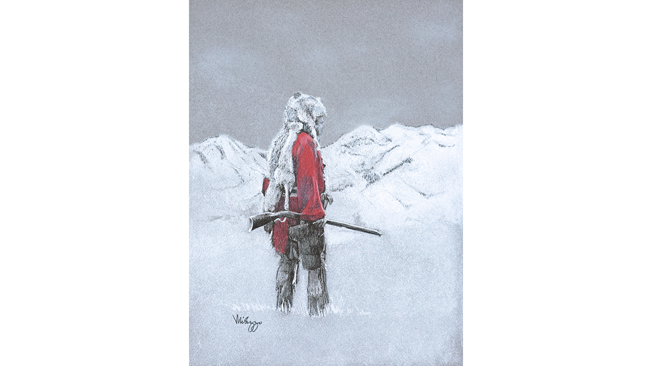 Native American warrior with red shirt, rifle, and wolf camouflage, in the snow