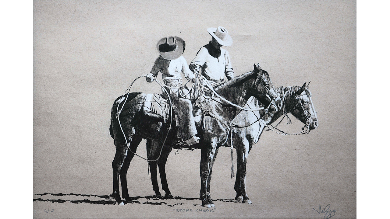 two horses and riders checking their gear