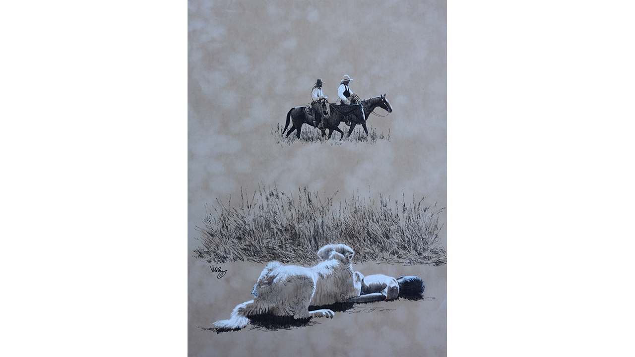 dog protecting a child as two cowboys ride nearby