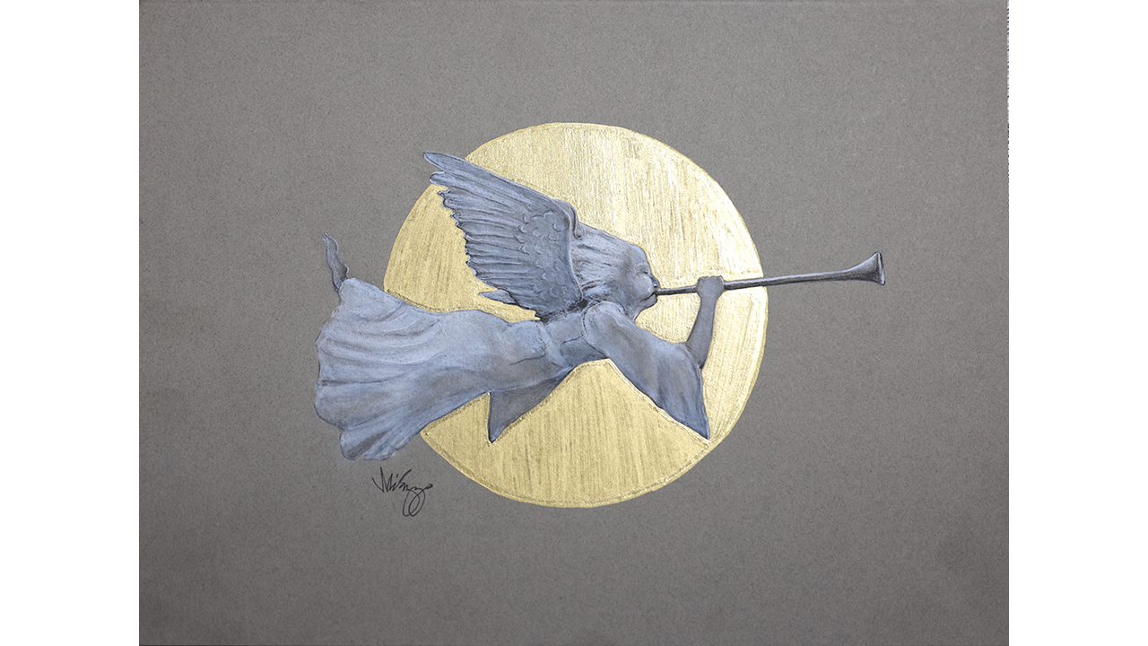 flying angel with horn, gilded circle/moon/halo behind her