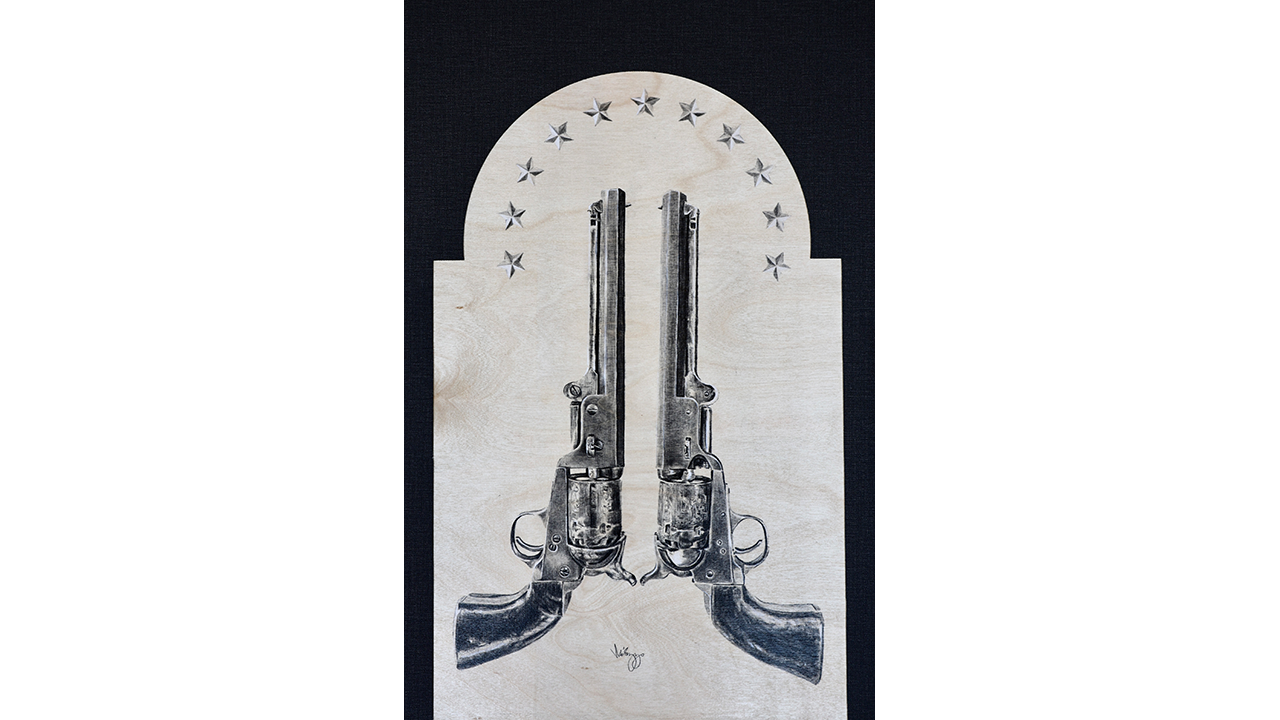 two Navy revolvers illustrated in a graphic poster style with stars and frame